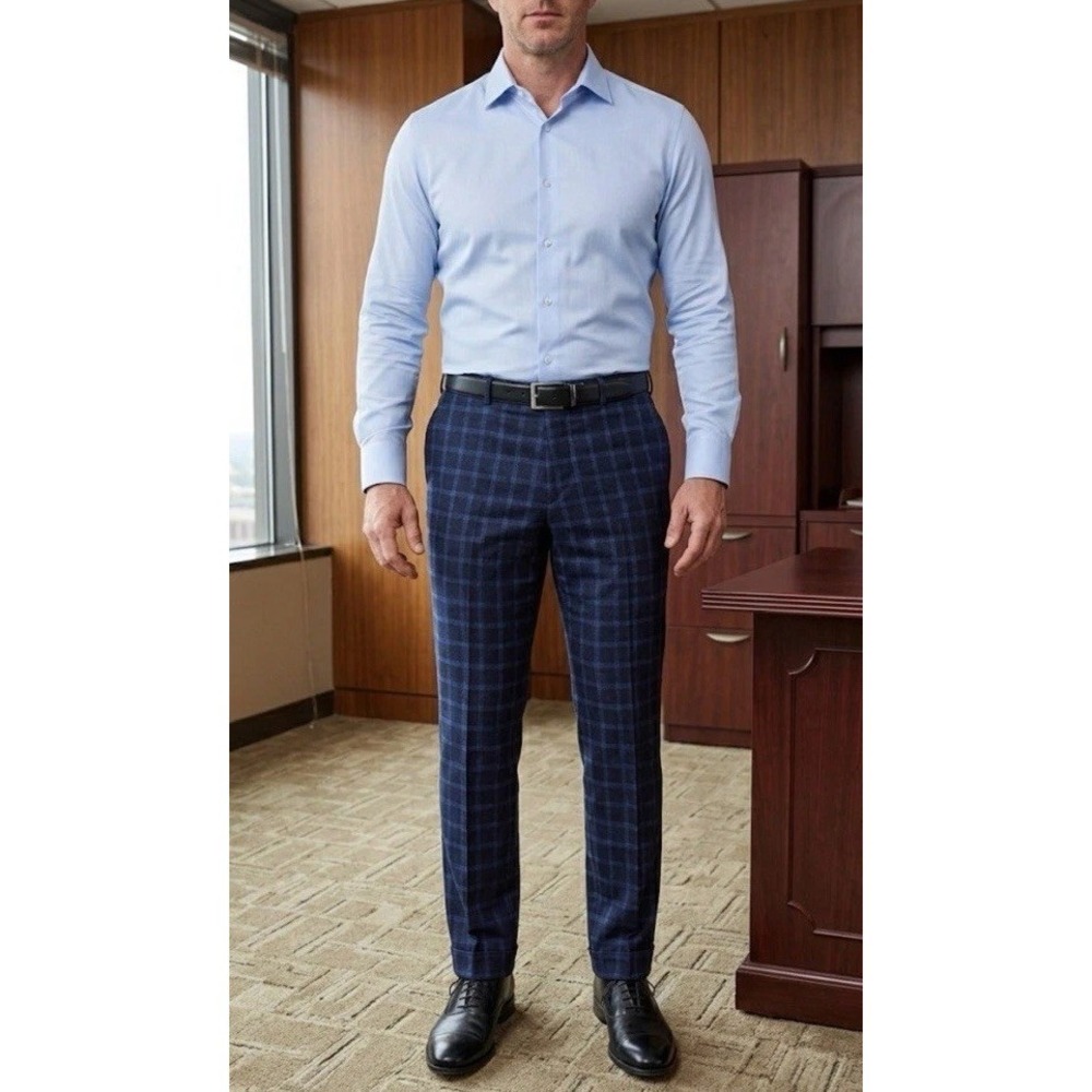 State & Liberty Athletic Stretch Wool Blend Blue Plaid Dress Pants Mens Sz 34x29